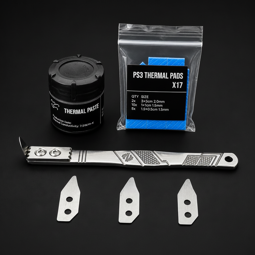 A metal thermal paste applicator tool with three small metal pads and a black jar of thermal paste, arranged on a black background next to a clear plastic bag labeled PS3 Thermal Pads X17.